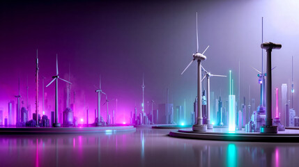 A futuristic city with windmills in the middle of the city