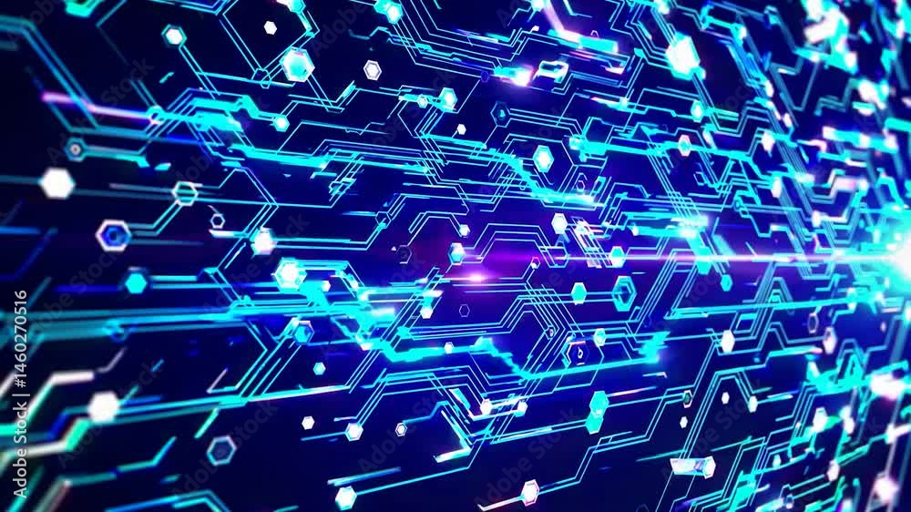 Poster complex network of glowing lines and hexagons expands and evolves, representing a futuristic circuit