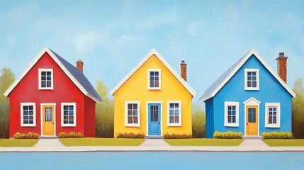 Colorful Houses on a Sunny Street Suburban Dream Homescape Real Estate