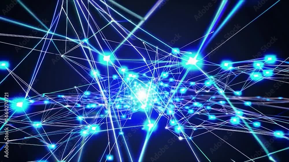 Poster bright blue nodes are connecting, creating a complex network expanding in a dark digital environment