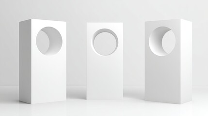 Three Minimalist White Cubes with Circular Cutouts Modern Abstract Design Architecture