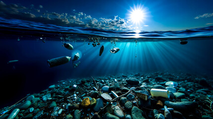 A large amount of trash floating in the ocean under water