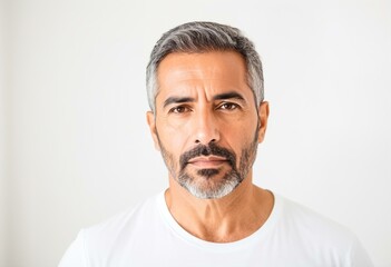 Obraz premium A man with grey hair and a beard wearing a gray shirt.