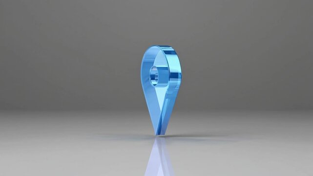 Glassy blue location pin icon rotating on a gray background, creating a seamless loop perfect for travel, navigation, and location-based projects