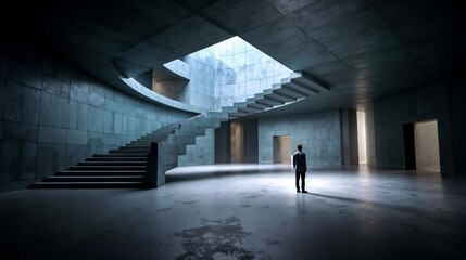 A man standing in an empty room with stairs in the background