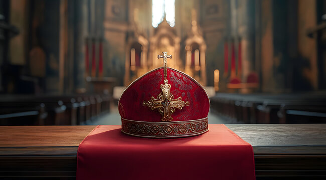 Red bishop mitre and vestment placed on a wooden table inside a grand church, symbolizing preparation before the papal conclave.