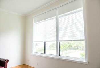 Fototapeta premium A living room with a sliding glass door and white curtains.