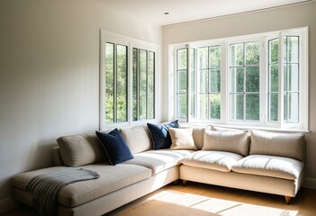 Fototapeta premium A living room with a sectional couch and a window.