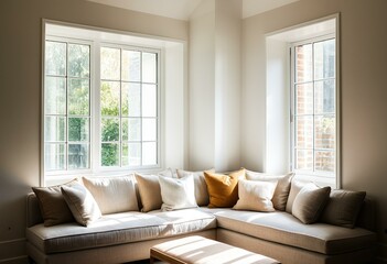 Obraz premium A living room with a sectional couch and a window.