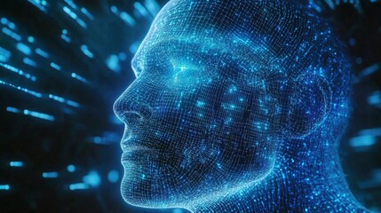 Digital human profile, glowing with interconnected data streams.  A futuristic representation of a person with a network of light inside