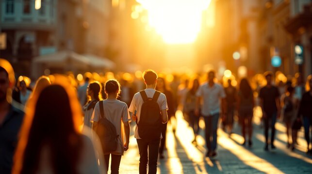A group of people walking down a city street at sunset