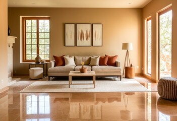 Fototapeta premium A living room with a couch and a coffee table.