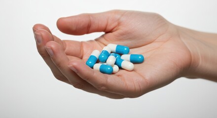 Hand holding blue and white capsules on a plain background  