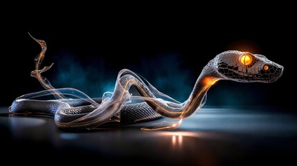 A snake with glowing eyes on a black background
