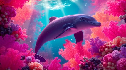 A dolphin swimming in the ocean surrounded by coral reefs