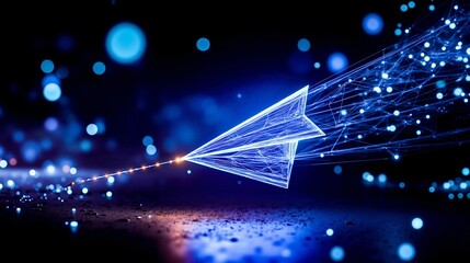 A paper airplane flying through the air with a blue background