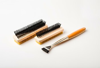 A group of brushes sitting next to each other on a white surface.