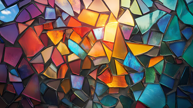 Colorful cosmic mirror fracturing into shards representing infinite possibilities. [Fractal Myths] | Tiled Ancestry | mosaic ancestor. Illustration
