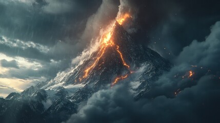 A dramatic mountain erupting with fiery lava.