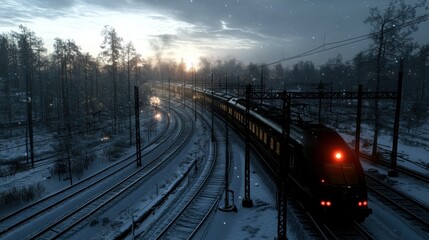 Fototapeta premium A scenic view of a snowy railway winding through a dense forest