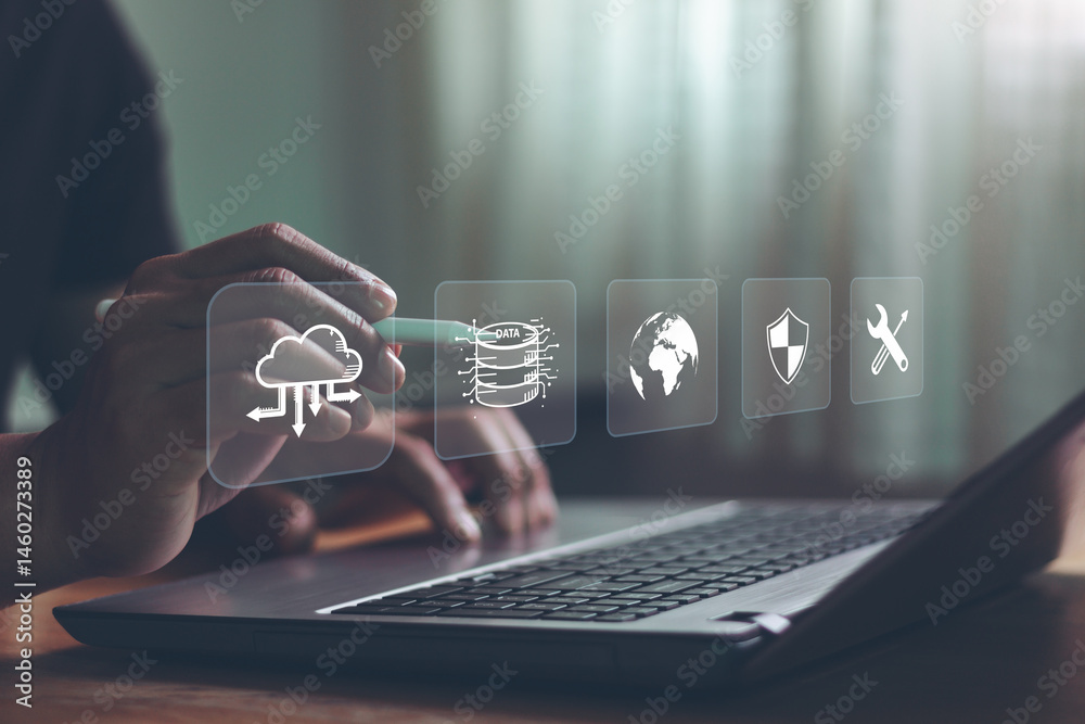 Aufkleber disaster recovery concept. information technology system protection. person using a laptop with a di