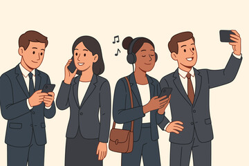 Set of business men and women holding smartphones and texting, talking, listening to music, taking selfie. Group of male and female cartoon characters with mobile phones. Flat Vector illustration.
