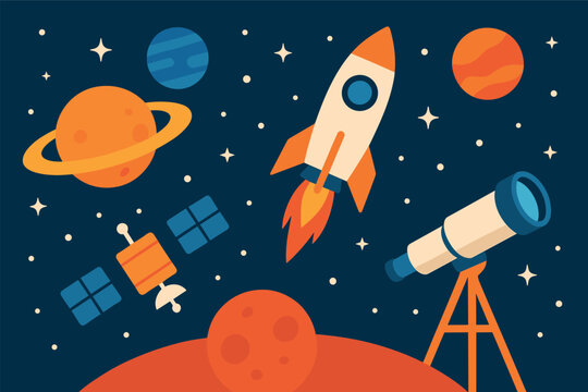 Vector illustration of space exploration with satellite, rocket, planets, and telescope. Bold flat style, suitable for science content