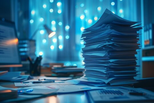 Collection of business analytics charts and graphs stacked on each other on paper on desk in office