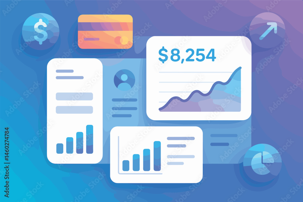 Poster vector illustration in gradient style of fintech dashboard with smooth curved ui panels and floating