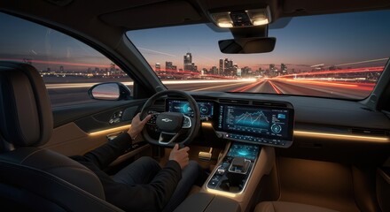 Modern car interior driving through city at night with digital display
