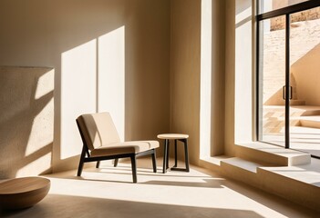 Fototapeta premium A chair and a table in a room with a large window.