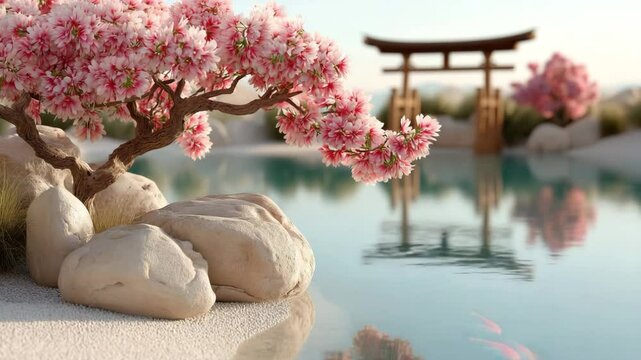 Pink cherry blossoms bloom beside white rocks near still pond with torii gate in distance and soft fish visible under surface. Concept of peaceful nature and Japanese tradition
