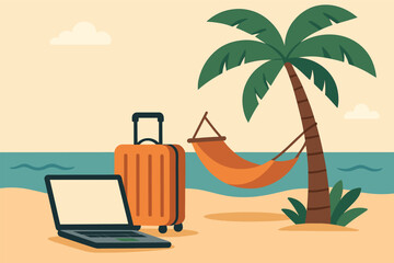 Fototapeta premium Vector illustration of digital nomad lifestyle with laptop, suitcase, hammock, and palm tree
