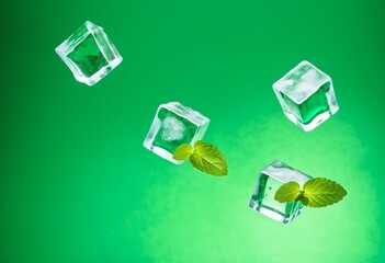 A bunch of ice cubes with mint leaves floating in water.