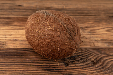 Whole coconut, one coco nut, single fresh tropical palm fruit, natural milk, oil ingredient