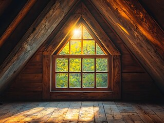 Rustic attic interior with triangular wooden window and sunlight streaming through green view