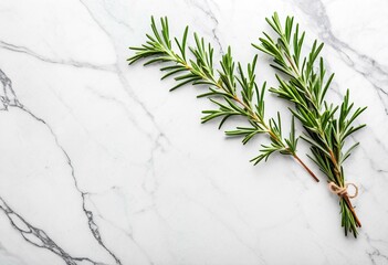 A branch of rosemary on a marble surface.