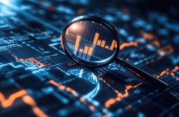 Analyzing financial data with a magnifying glass.  Detailed financial charts are under a magnifying glass