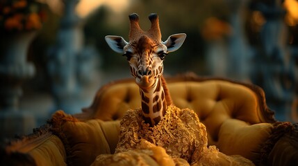 Regal giraffe portrait in golden attire on plush baroque seating