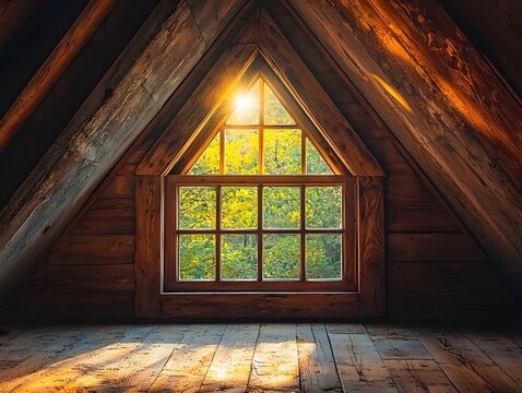 Rustic attic interior with triangular wooden window and sunlight streaming through green view