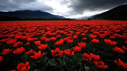 Fototapeta premium A vast field of tulips in full bloom under a bright blue sky