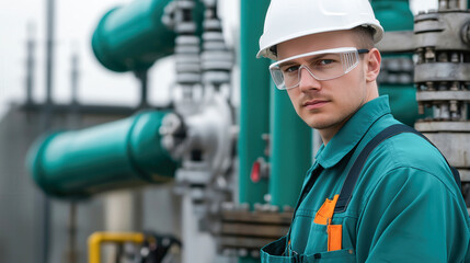 Engineer wearing safety gear at an industrial facility  