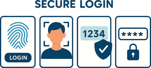 Vector illustration of secure login process with fingerprint scanner, facial recognition, two-factor authentication code, and masked password