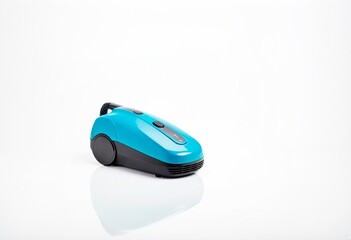 A blue and red steam iron sitting on a white surface.