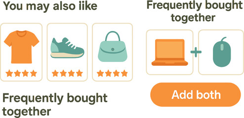 Vector illustration of upsell and cross-sell recommendations block featuring “You may also like” and “Frequently bought together” sections