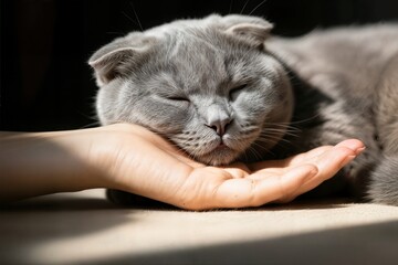 sleepy scottish fold grey cat laying hand of man and it smells and loves human concept somnoliento gato gris pliegue escoc&eacute;s tendido de la mano del hombre y huele y ama concepto humano