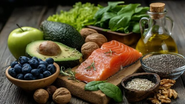 Selection of nutrient-rich keto ingredients like raw salmon fillet, avocado, spinach, walnuts, chia, olive oil and blueberries arranged on wooden surface. Concept of clean eating and healthy lifestyle