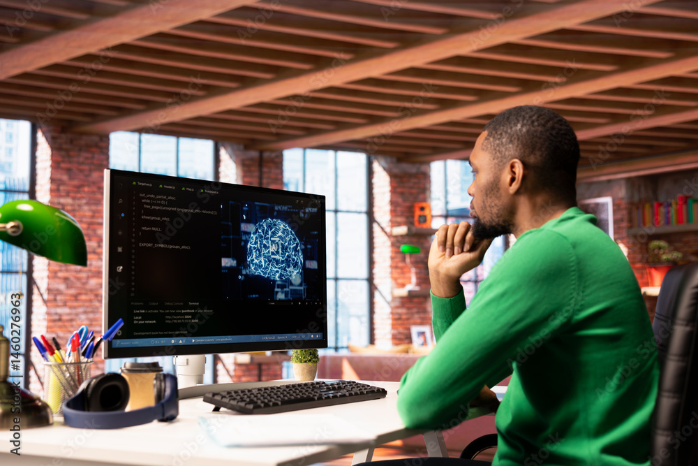 Poster admin writing code on pc and doing maintenance on artificial intelligence neural networks computeriz