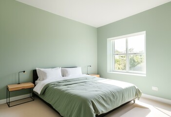 A bedroom with green walls and a white bed.