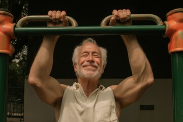 Naklejka premium Elderly man smiling while exercising on outdoor fitness equipment 